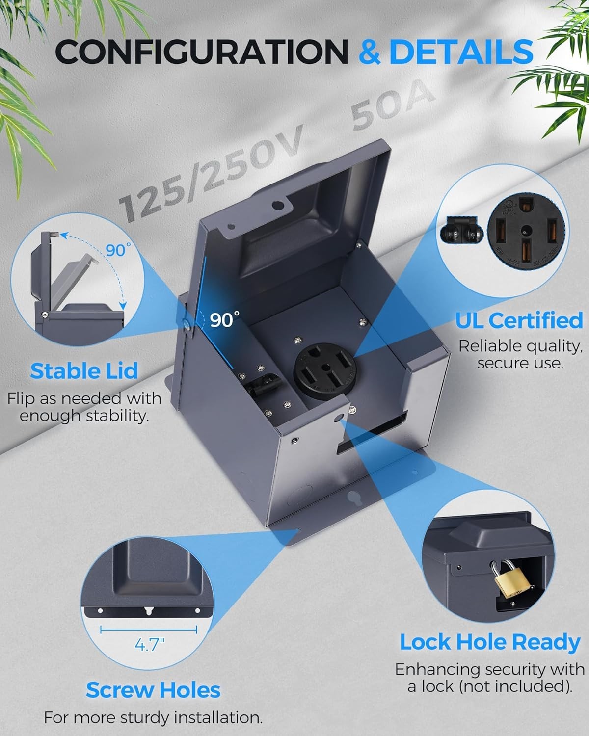 50 Amp RV Power Outlet Box Breaker 125V 250V NEMA 14-50R Weatherproof Lockable