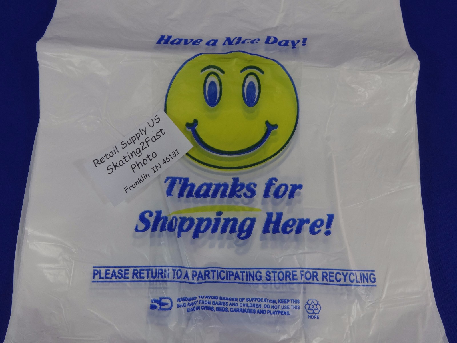 1/6 Smiley Face THANK YOU Plastic T-Shirt Bags 11.5″ x 7″ x 21″ w/ Handles
