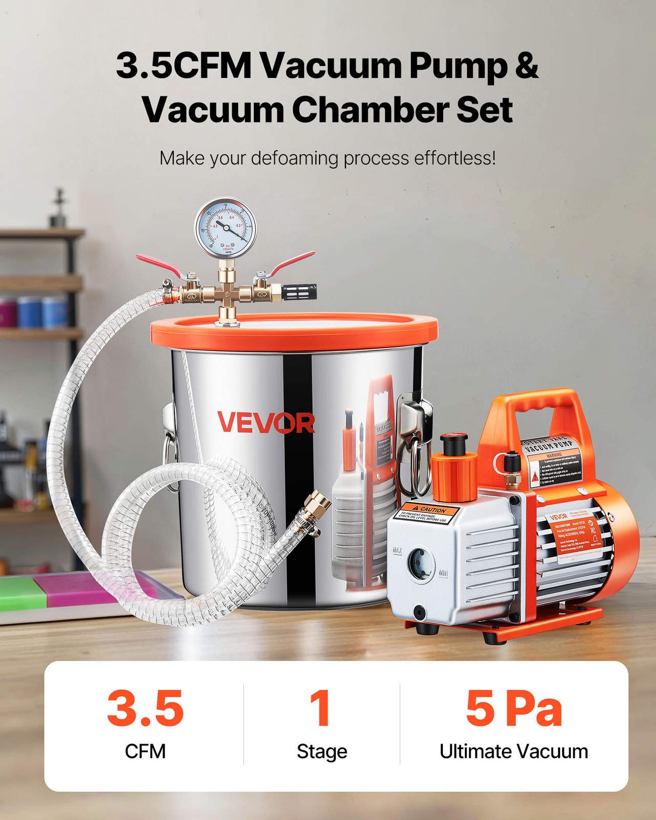 VEVOR 3.5 CFM Single Stage Vacuum Pump 3 Gallon Stainless Degassing Chamber Kit