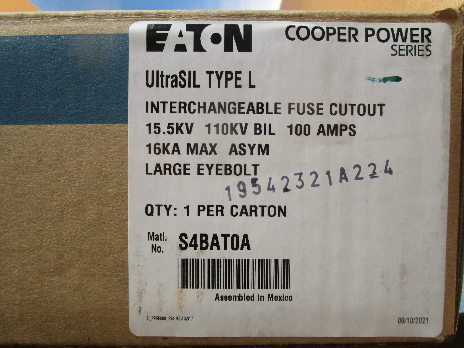 COOPER POWER S4BAT0A, EATON UltraSil Type L, Fuse Cutout, 15.5KV