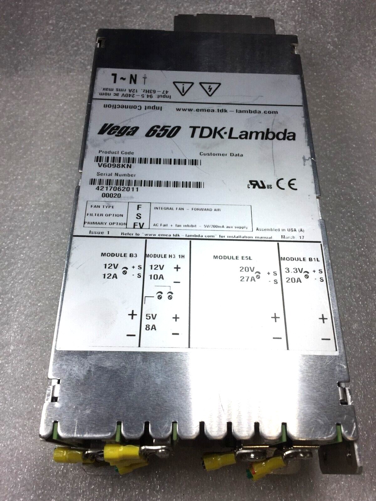 TDK-LAMBDA Vega 650 V6098KN 94.5-240V AC NOM 47-63Hz 12A FREE SHIPPING