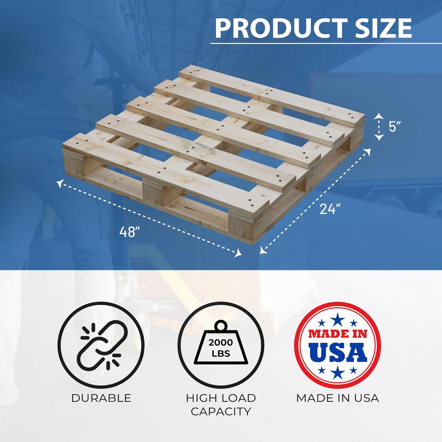Heavy-Duty 48×24 Wooden Pallet Kit, 5-Pack, Stackable & Reusable, Pinewood