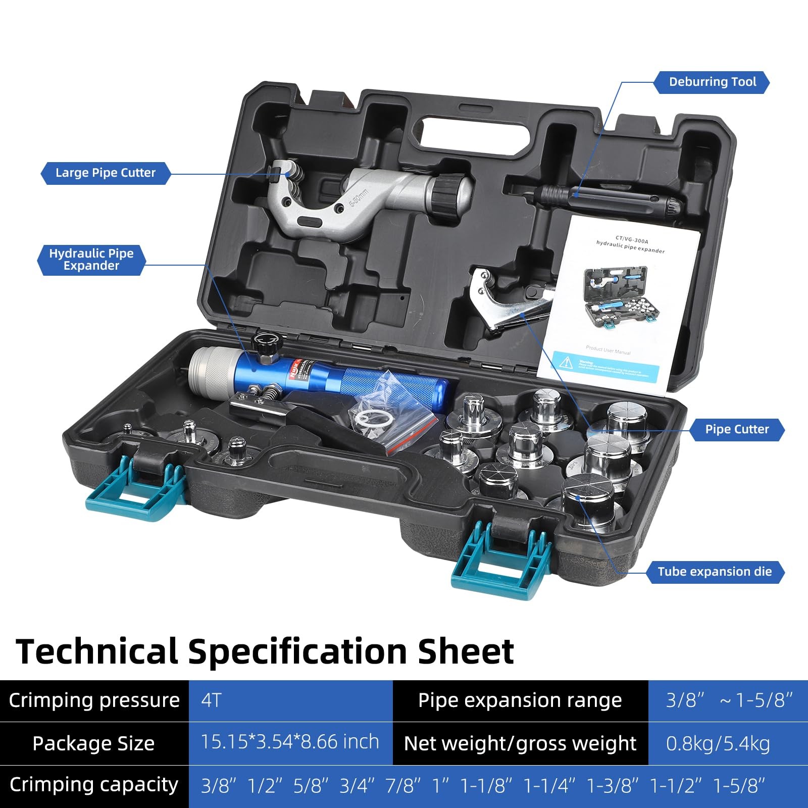 Nuiu VG-300A Hydraulic Pipe Expander Tool Kit, 4T Crimping Pressure with 11 E…