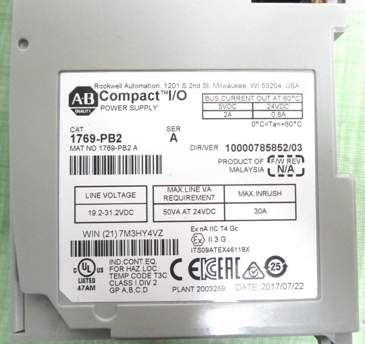 1769-PB2 Allen-Bradley 1769PB2 A CompactLogix DC 2A/0.8A Power Supply WorksGREAT