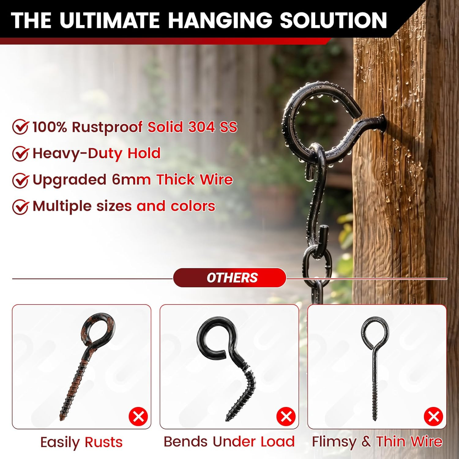 300LBS Heavy Duty 3.2 Inch 304 Stainless Steel Screw Eye Hooks with 5 S-Hooks, S