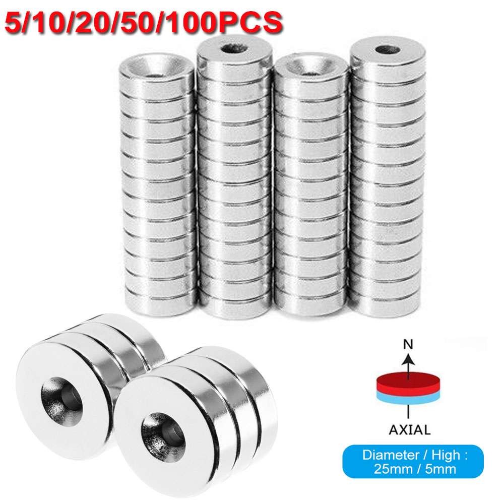 25mm Countersunk Ring Rare Earth Neodymium Disc Strong 5mm Hole Magnets N35 lot