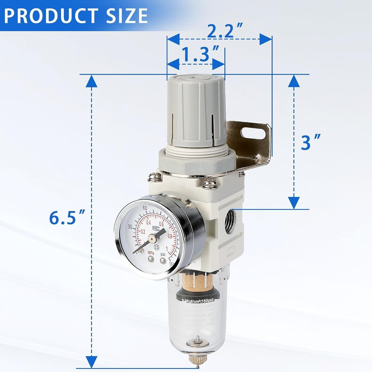 1/4″ NPT Compressed Air Filter Regulator Combo 5 µm,Semi-Auto Drain,0-150 PSI