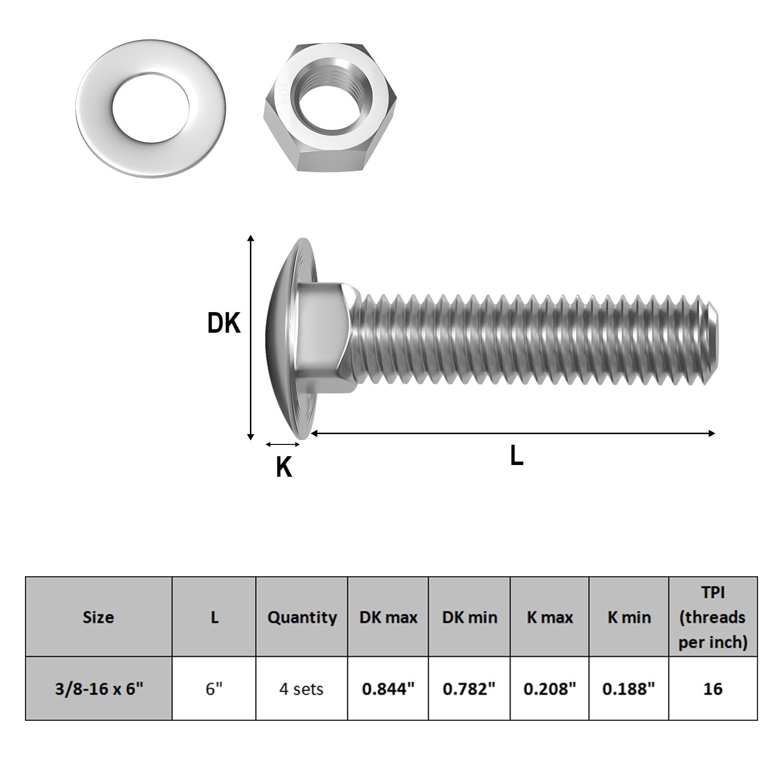 VGBUY 3/8-16 x 6 Carriage Bolts Screws 4 Sets, x 6″ (4 Sets), Silver
