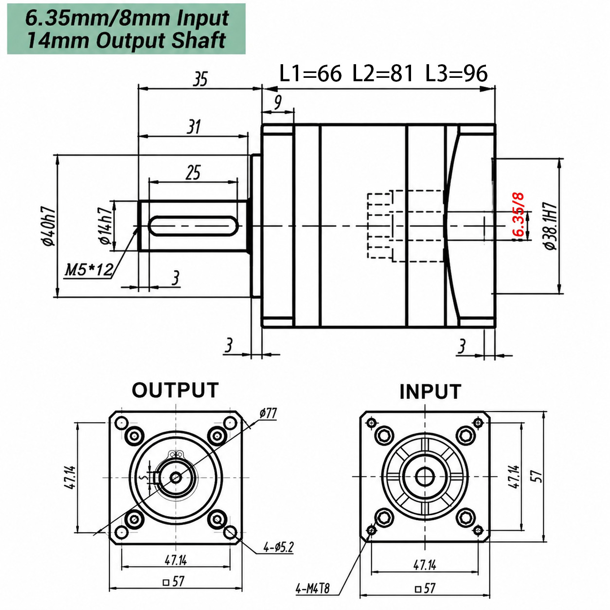 Nema23 Planetary Gearbox Reducer speed Ratio 4:1-100:1 8mm input for 57 motor