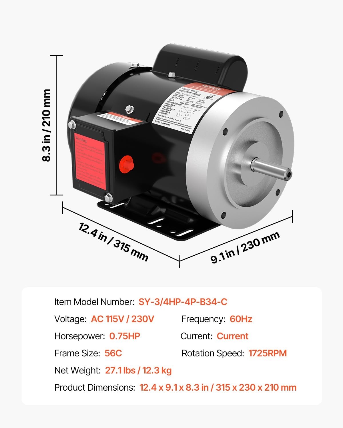 Durable 3/4HP Electric Motor with Overload Protection, Ideal for DIY Projects