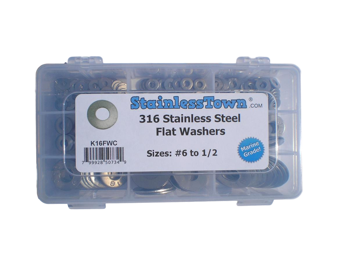 StainlessTown Type 316 Stainless Flat Washer Assortment Marine Grade Stainless