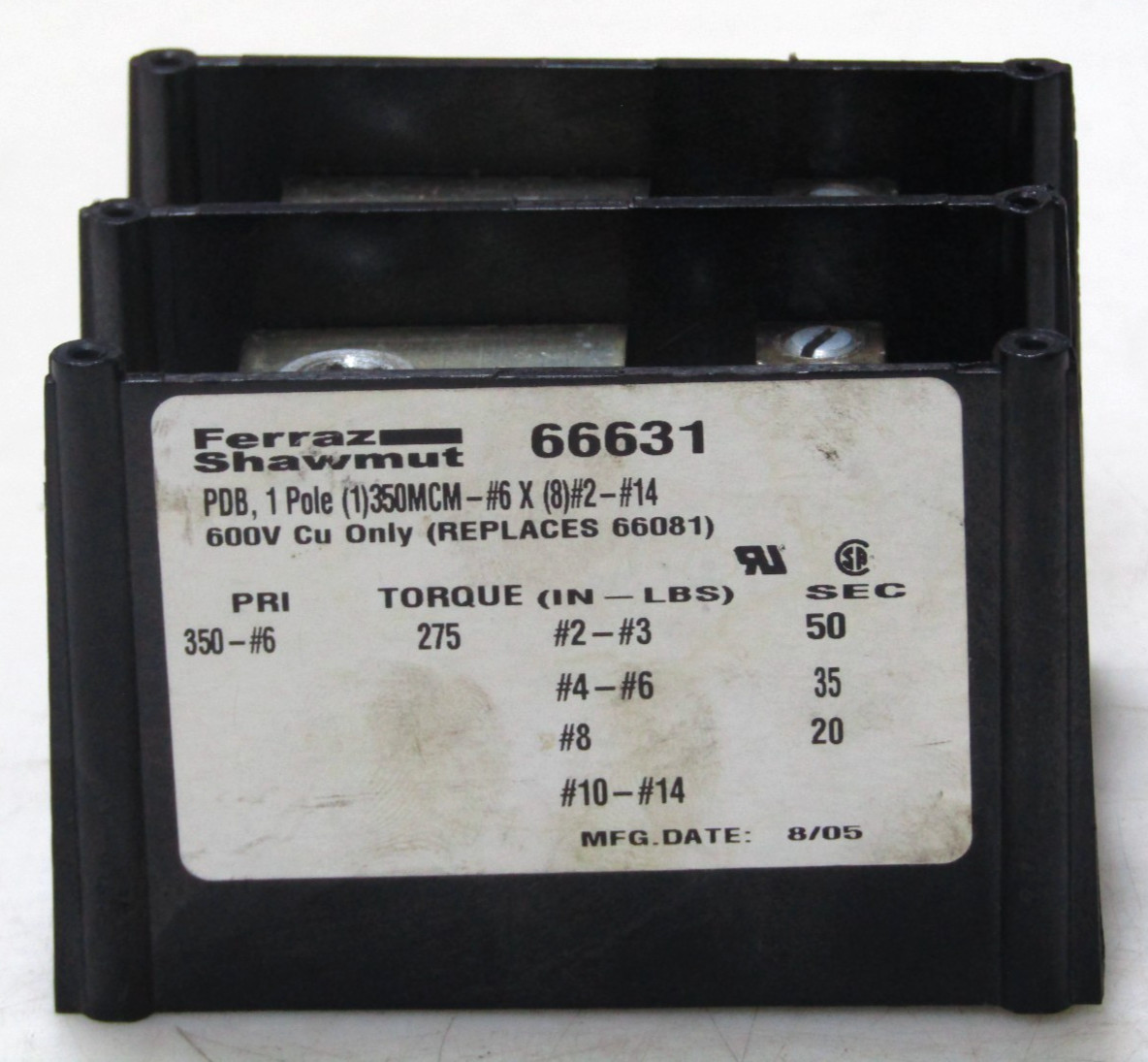 🙌 FERRAZ SHAWMUT 600 VAC POWER DISTRIBUTION BLOCK 2 POLE 66630 & 66631