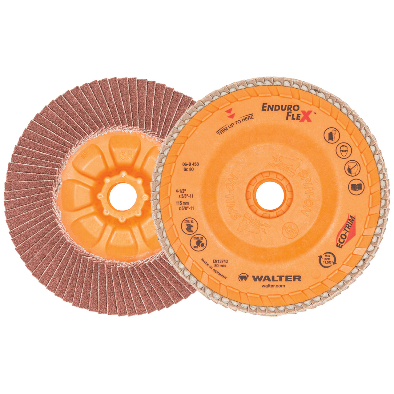Walter 06B458 4-1/2×5/8-11 Enduro-Flex Spin-On Flap Discs 80 Grit Type 27S 10 pk