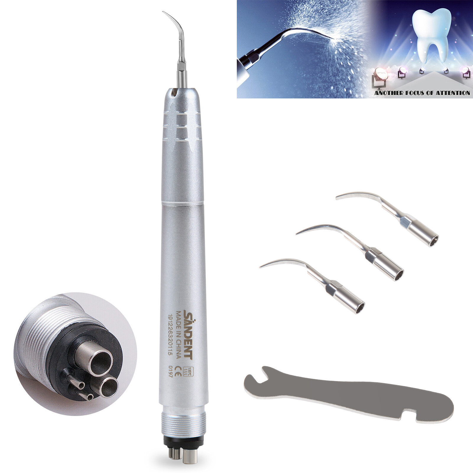 Dental Ultrasonic Air Scaler Handpiece 4 Hole +Scaling Perio Tips G1,G2,G4 SA