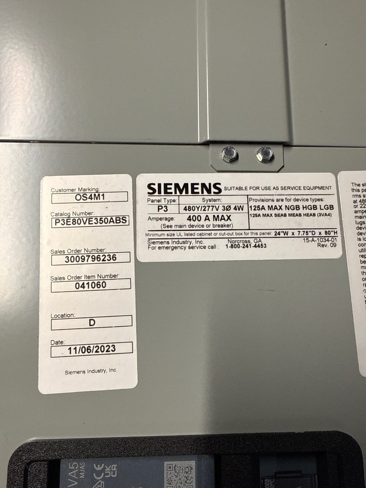 Siemens P3E80VE350ABS Panelboard P3 350A 480/277V 3PH 4W MCB Panel 350 Amp New