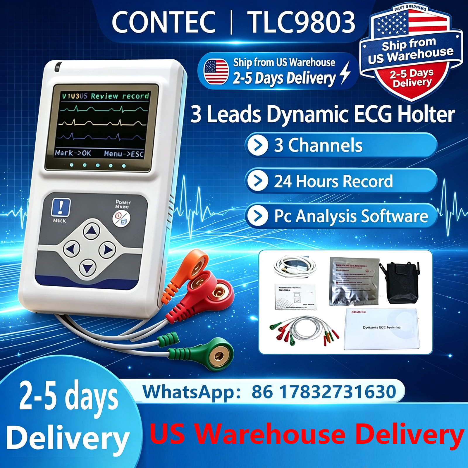 CONTEC TLC9803 3Channel Dynamic ECG Holter 24Hour Monitor US Fast Local Delivery