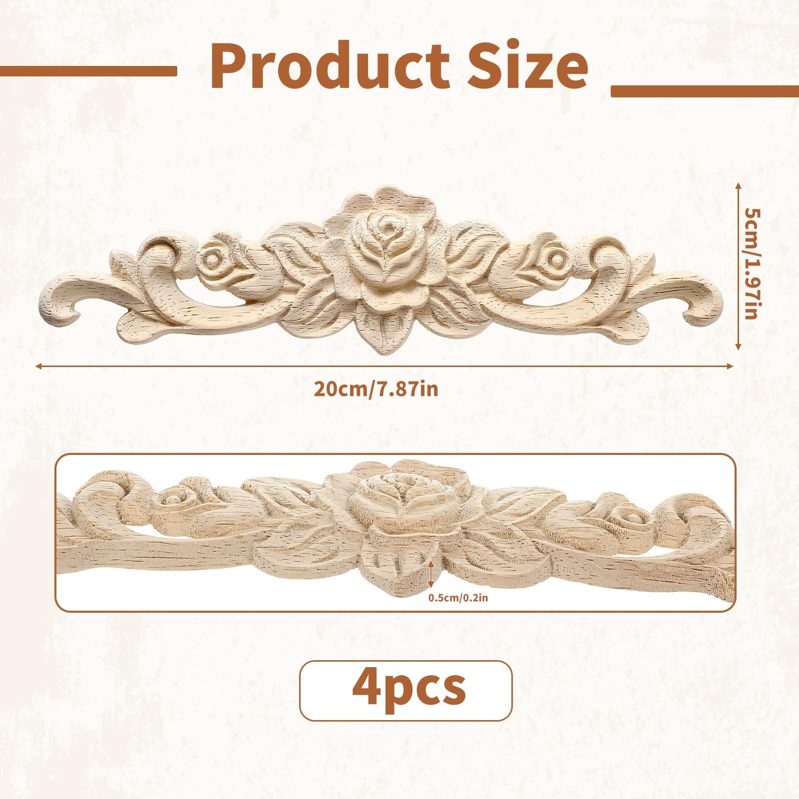 4pcs Wood Appliques Onlays Decorative Wooden Applique for Furniture Long Wood…