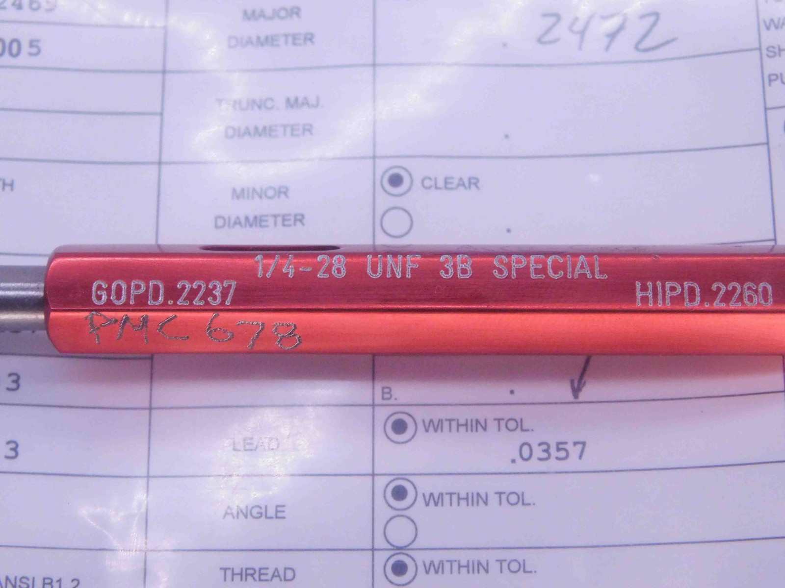 1/4 28 UNF 3B SPECIAL THREAD PLUG GAGE .25 .250 GO NO GO P.D.’S = .2237 & .2260