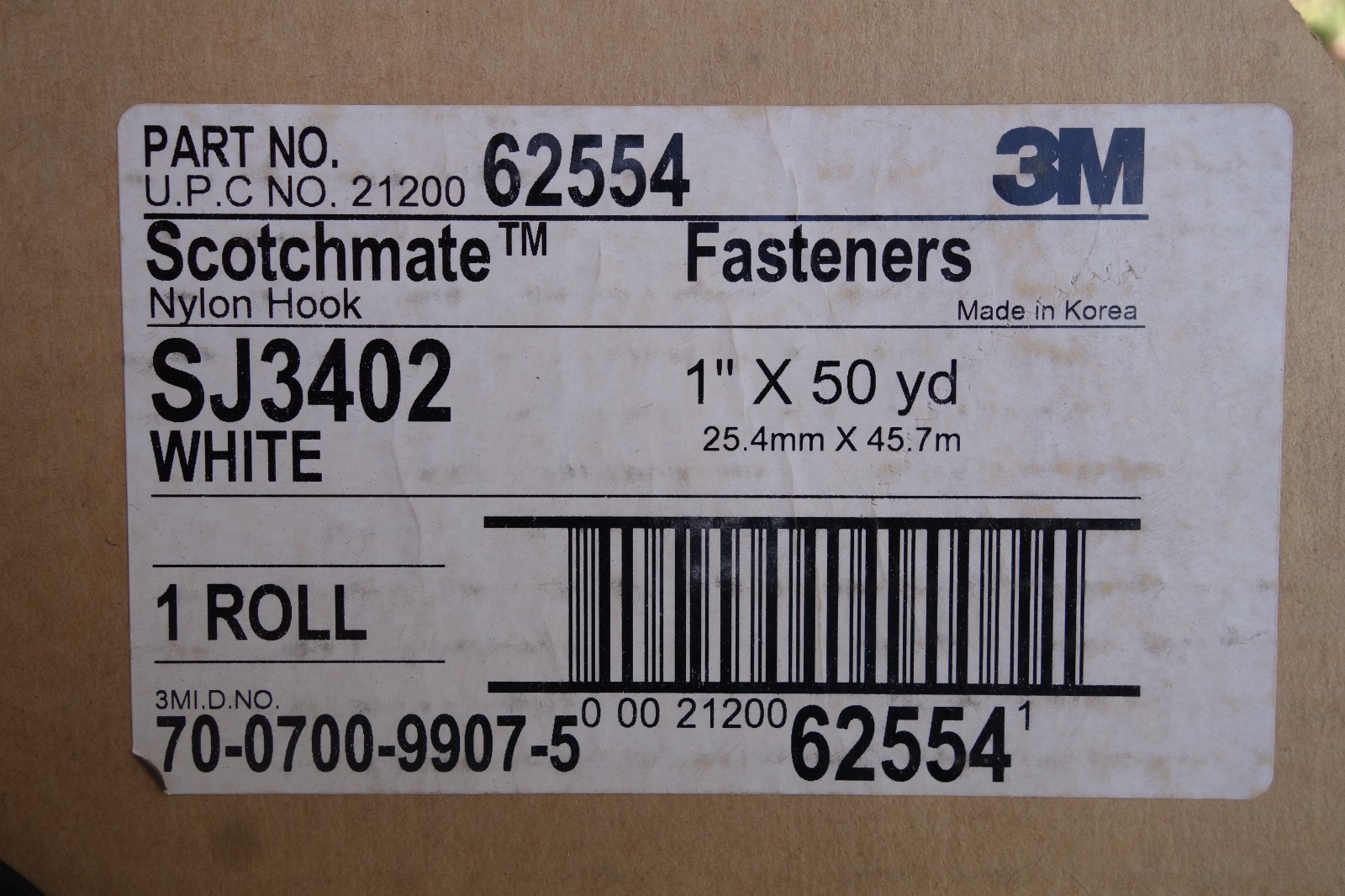 3M Nylon Hook & Loop Fastener 62539 62554 White 1 in x 50 yd, NOS