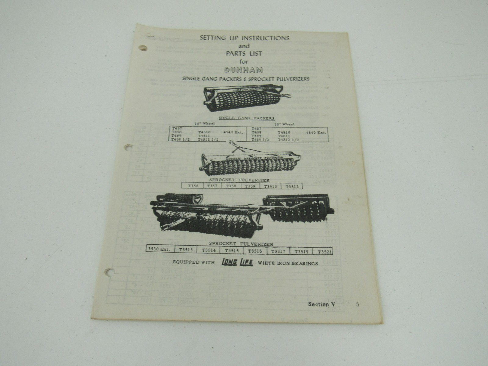 Dunham Packers and Pulverizers Set Up Instructions and Parts List Manual