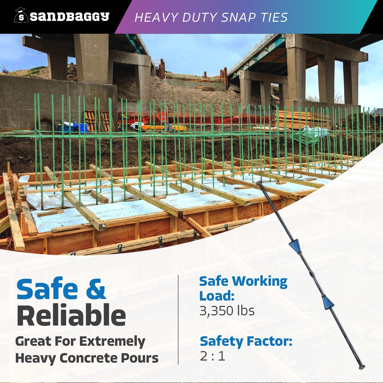 Sandbaggy 8″ x 4 ¾” Heavy Duty Snap Ties For Concrete Forms (3,350 lb SWL)