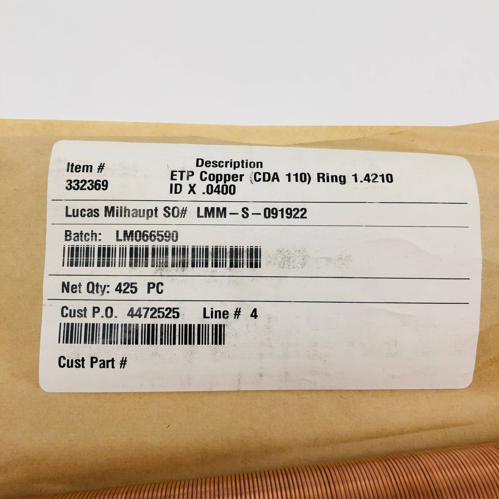 Lucas Milhaupt 332369 ETP Copper CDA 110 Ring 1.4210ID X .0400 Braze Fill 425pcs