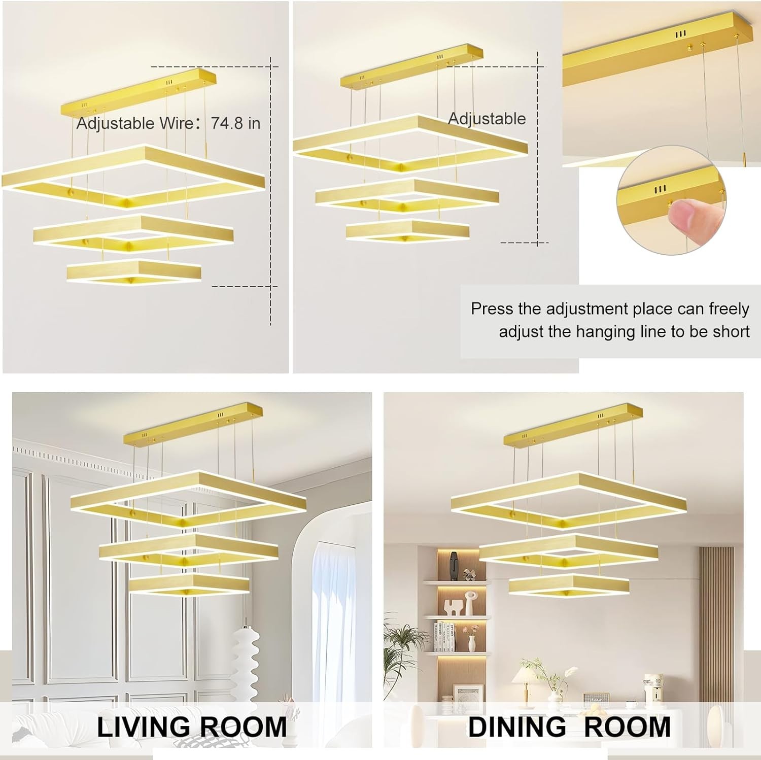 Modern Gold 3-Ring Square LED Chandelier Dimmable Ceiling Light w/ Remote