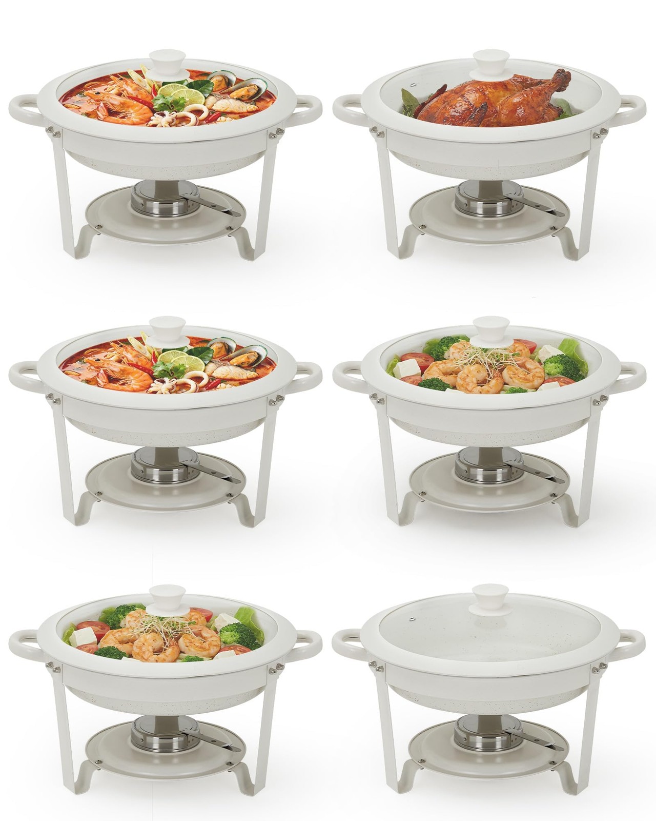 6 Pcs 5.3QT White Chafing Dishes Buffet Set, Non-Stick Coated Food Warmer