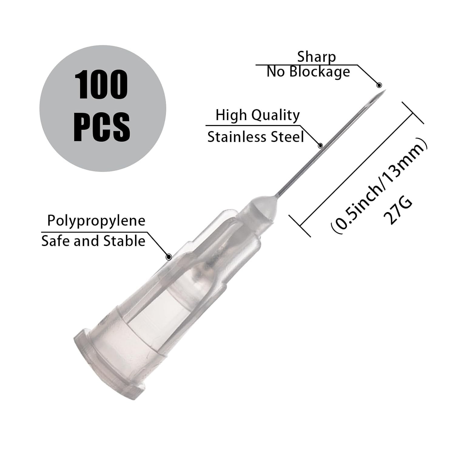100 Pack 27 Ga 13mm 1/2 in Disposable Needles for Scientific and Industrial D…