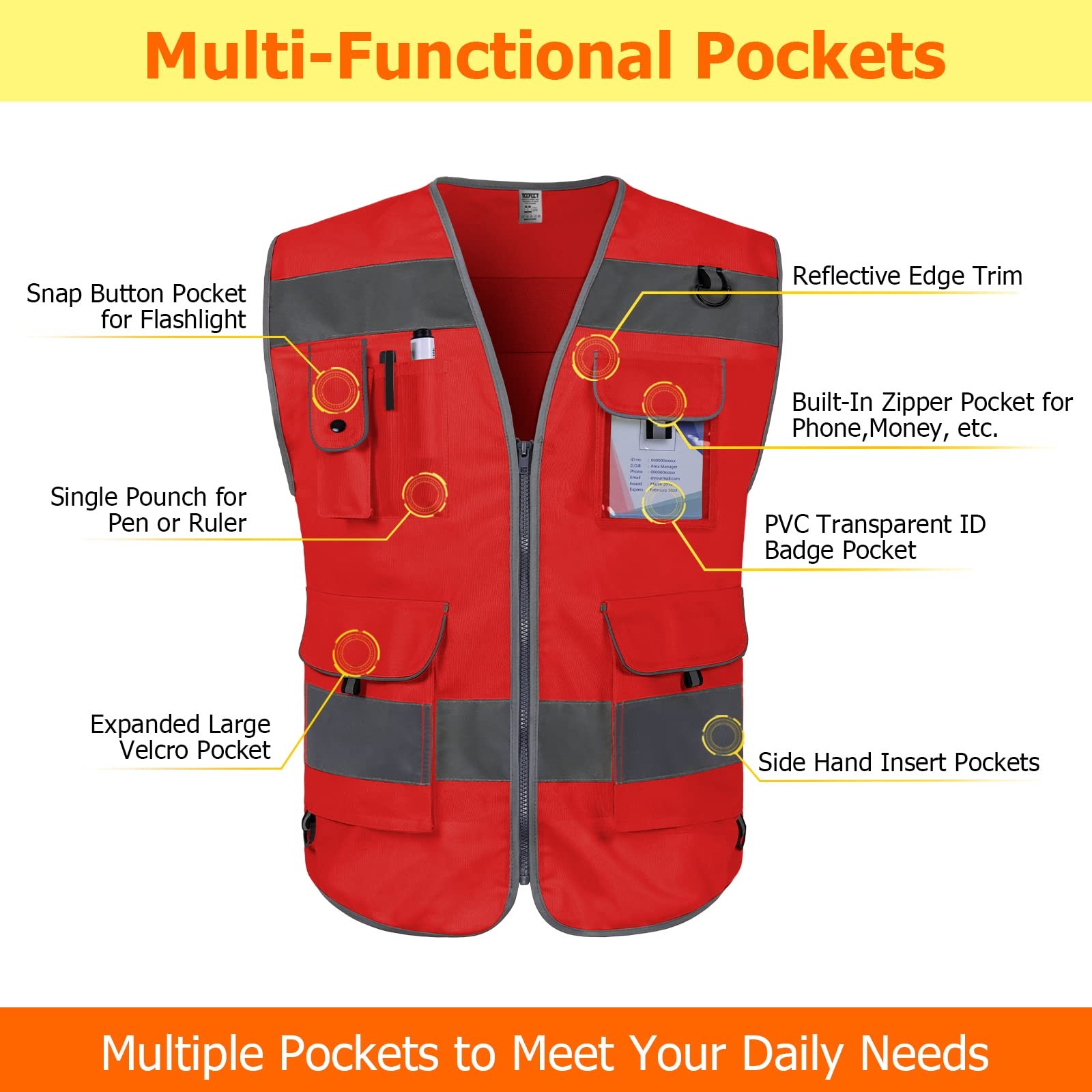 High Visibility Reflective Safety Vest 9 Pockets ANSI Compliant for Work