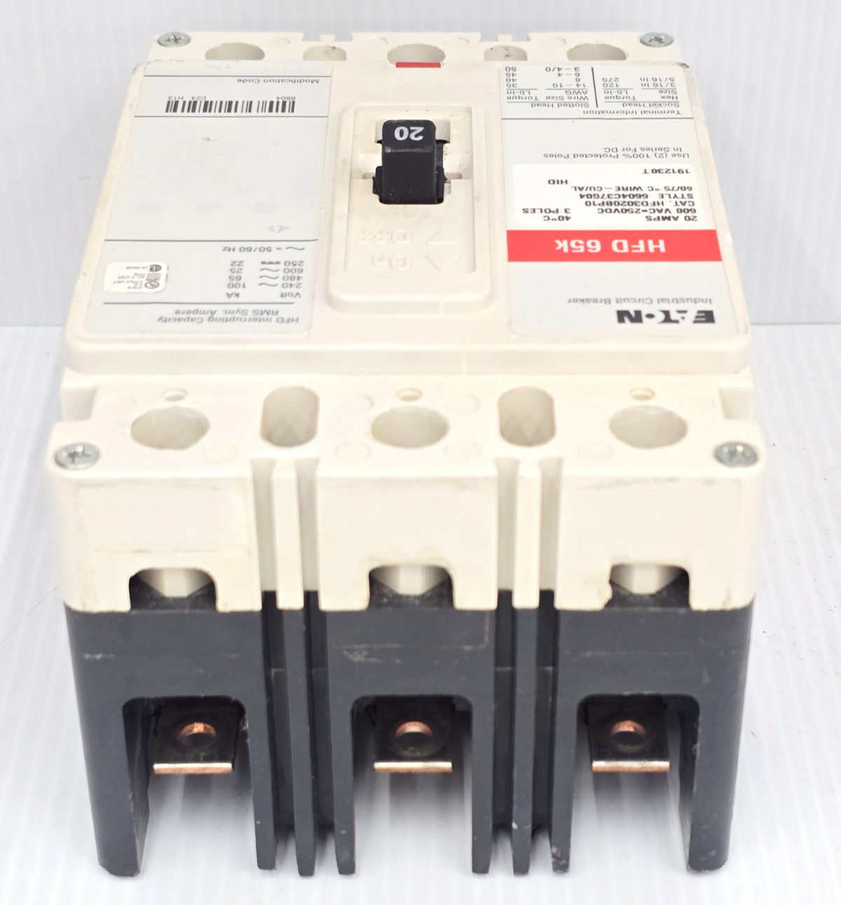 Eaton 20 Amp Industrial Circuit Breaker 600 VAC 3 Pole 100 kA HFD3020BP10