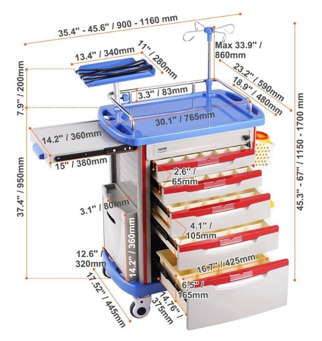 VEVOR 5 Tier Lab Cart – Mobile Medical Cart with 5 Drawers, IV Pole, Back Board