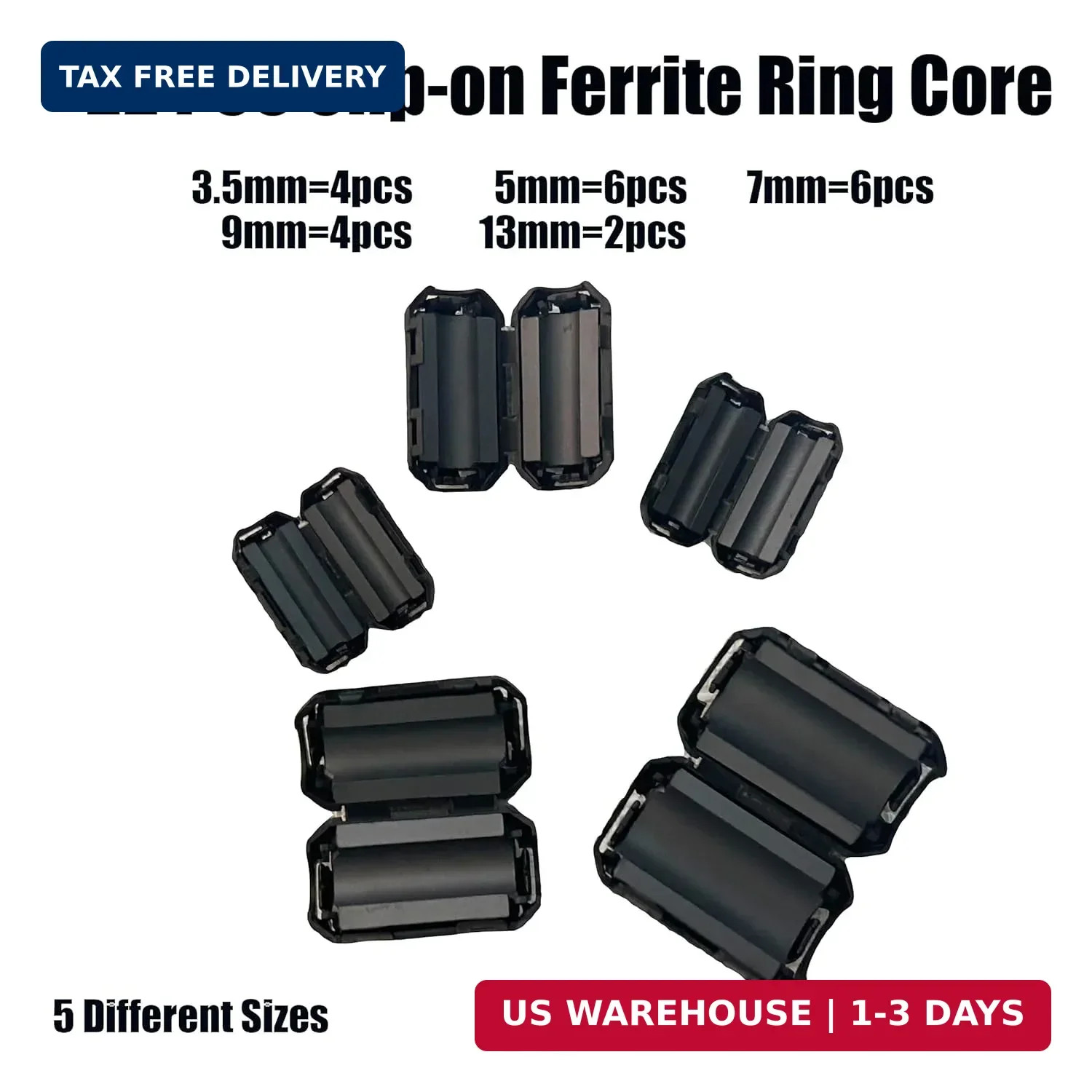Ferrite Core Cable Clips Set, 22 Pieces, 3.5-13mm Diameter, EMI RFI Noise Suppre