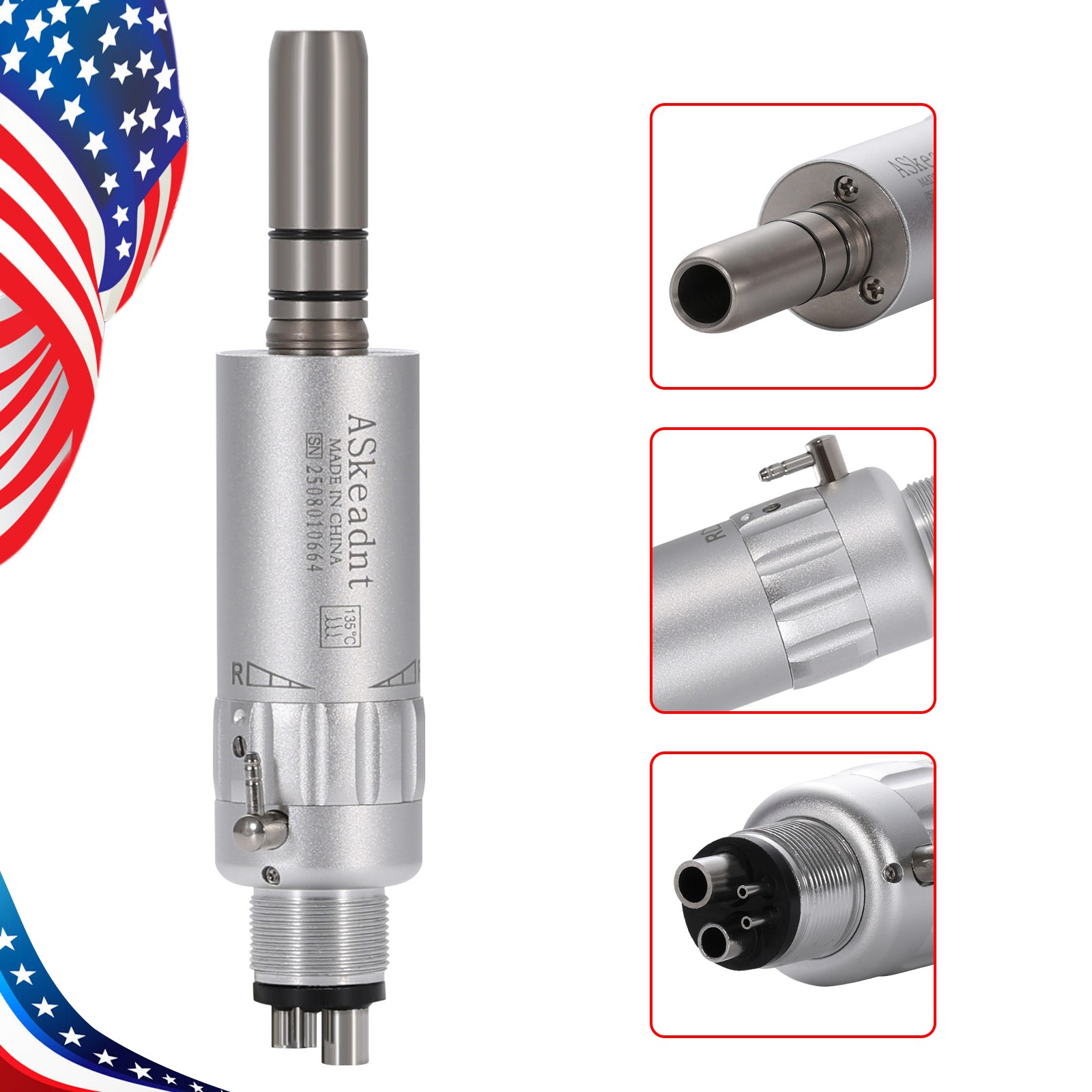 ASkeadnt Dental Low Speed Handpiece Straight Nosecone / Air Motor 4 Hole E-type