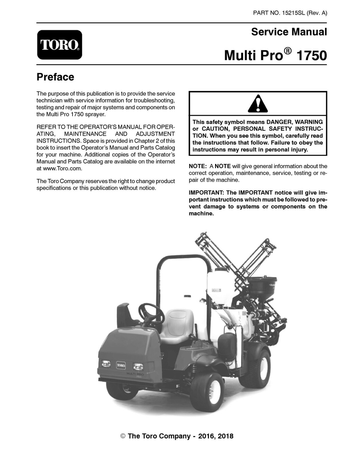 TORO Multi Pro 1750 SERVICE Manual Printed Coil Bound 350 Pages