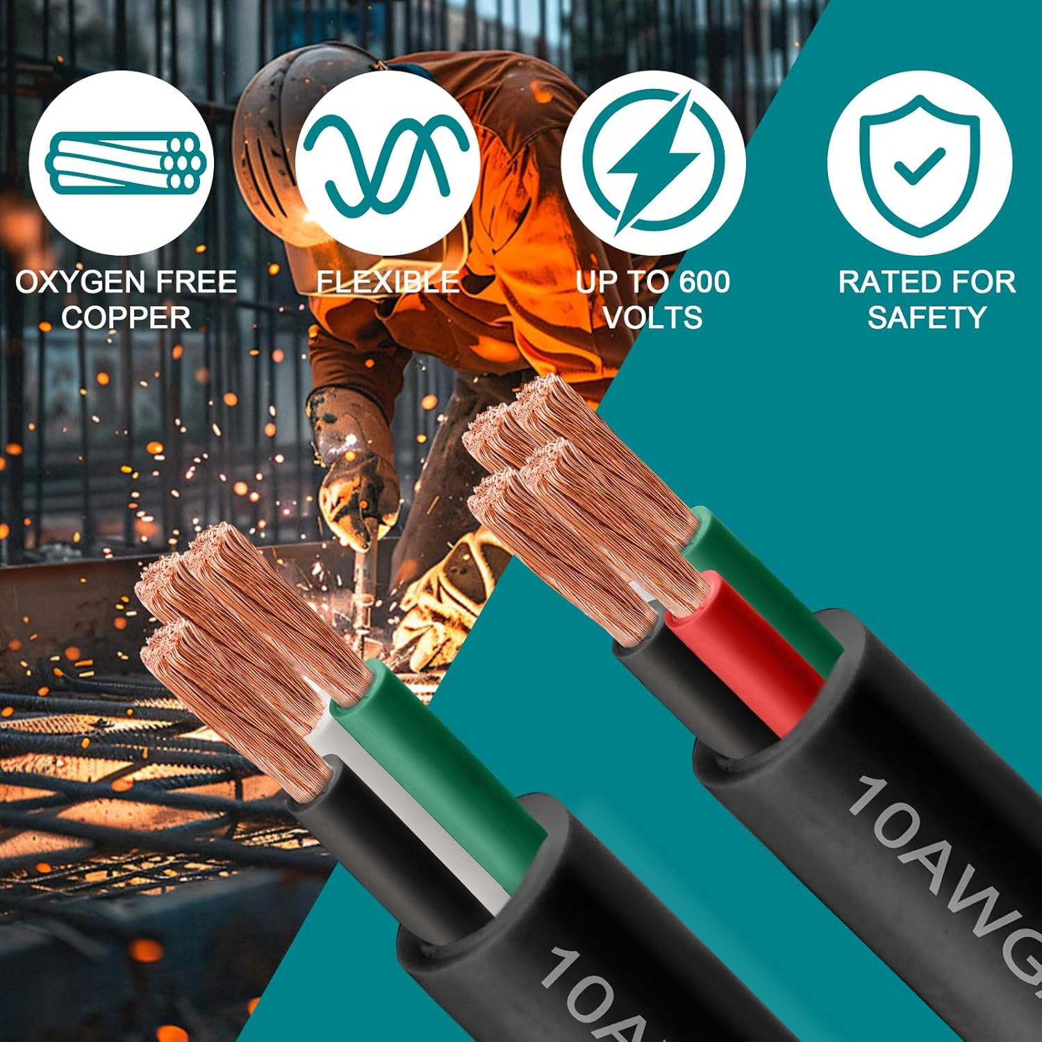 14/3 SOOW Wire 10FT, 14 AWG 600V SOOW Bulk Cable, 14 Gauge 3 Conductor Portable