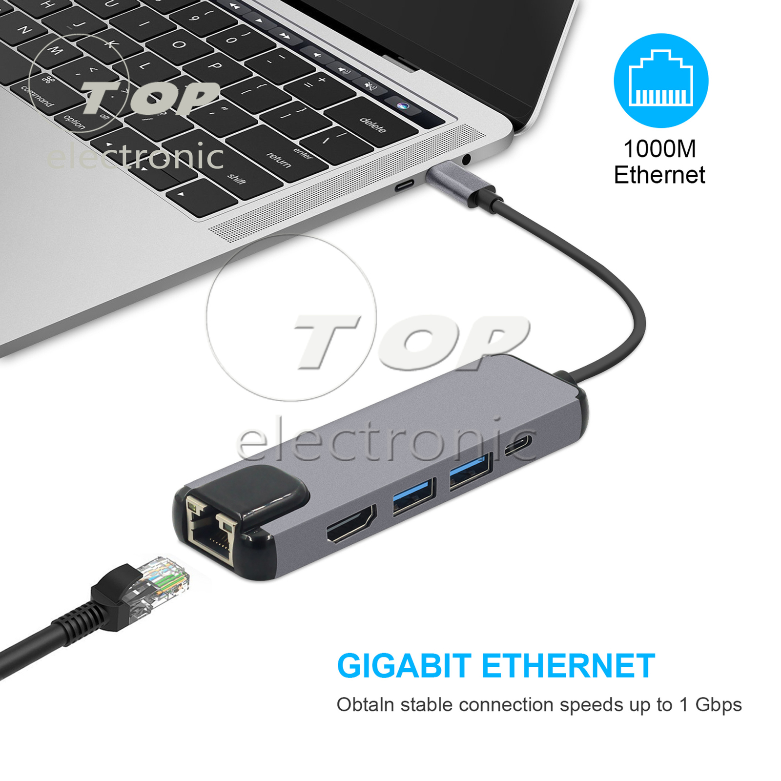 5 in 1 Type C to 4K HDMI USB 3.0 PD Charging Ethernet RJ45 Port Adapter Hub