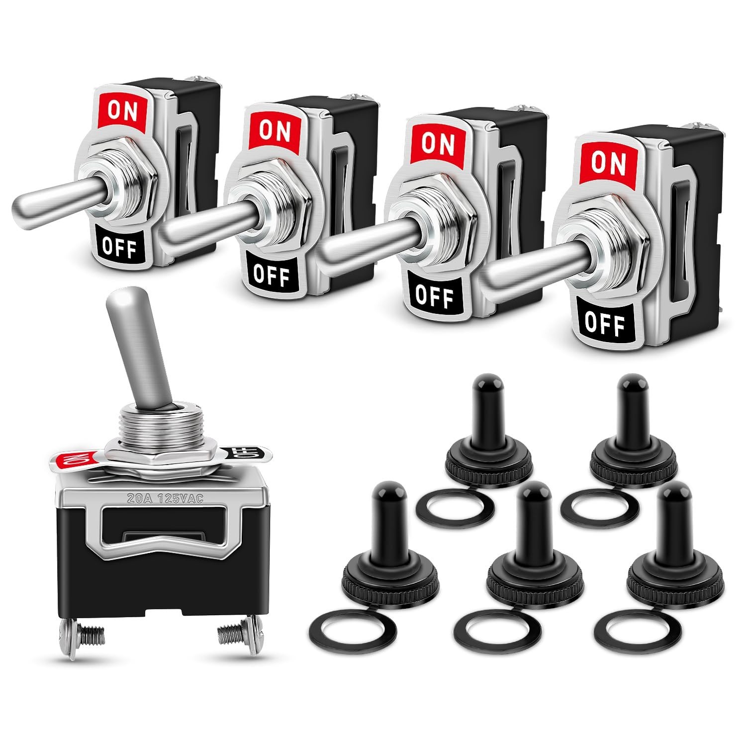 2Pin Metal Toggle Switch 15A 250V On/Off with Waterproof Caps – 5 Pack