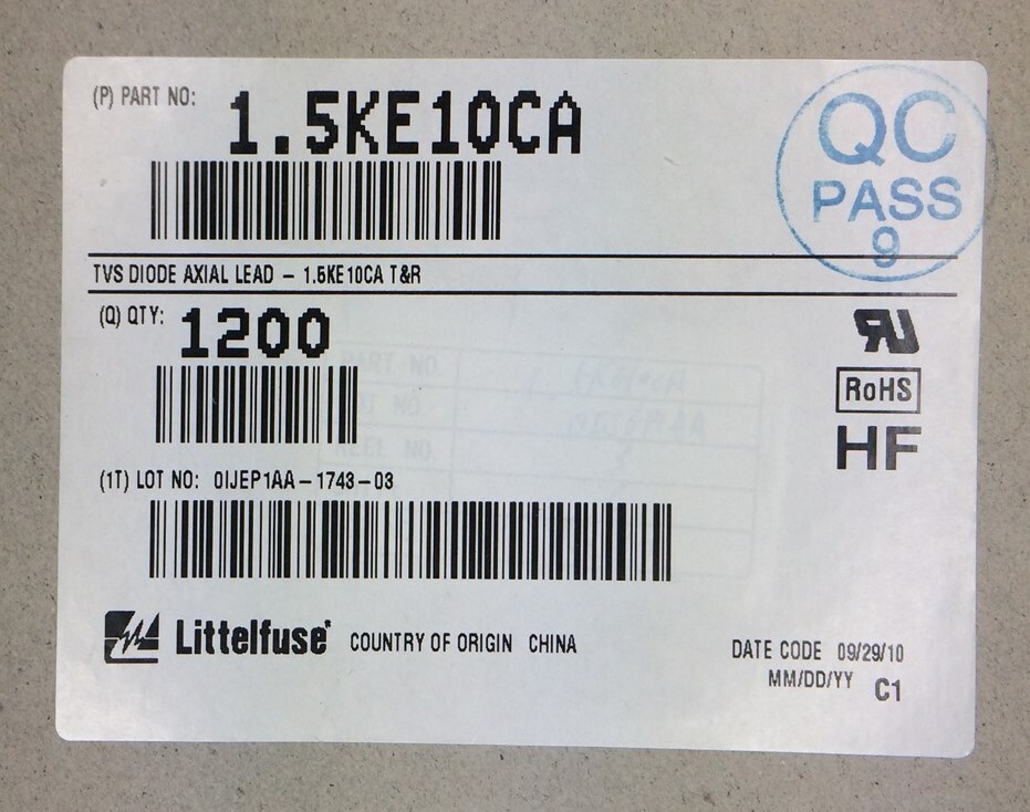 1.5KE10CA Littlefuse GSI TVS DIODE 8.55V 14.5V DO201 ROHS 60 PIECES