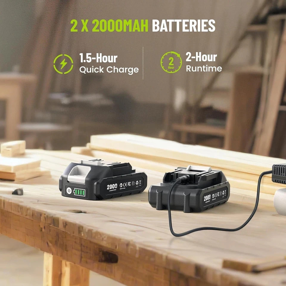 Brushless Impact Driver Drill Set, 20Psc Screwdriver Bits 2.0 Ah Variable Speed.