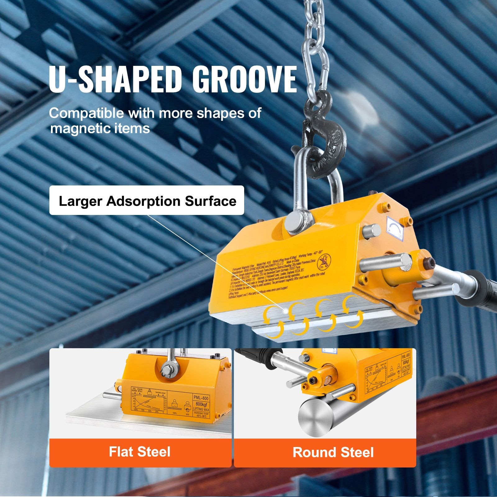Magnetic Lifter, 1320 lbs/ 600kg Pulling Capacity, 2.5 Safety Factor, Steel and