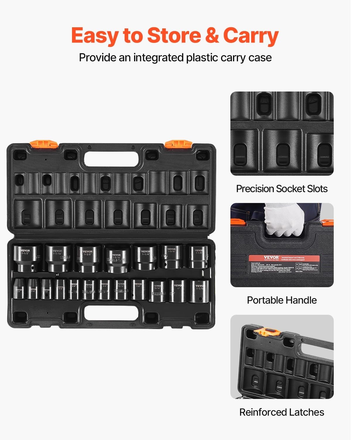 VEVOR Impact Drive Socket Set 1/2 Inches 19 Piece 1/2” SAE 19PC CR-V, Black