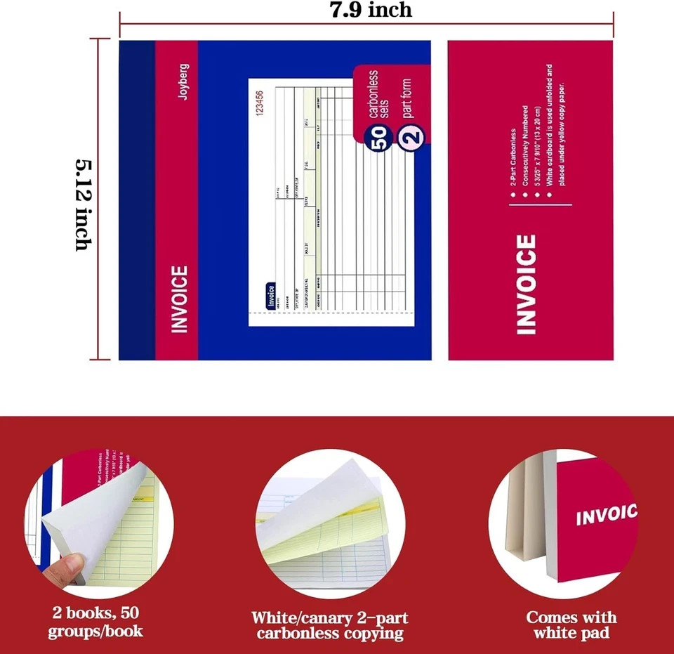 4 Packs Invoice Book for Small Business 2-Part Carbonless, 4P, White/Canary