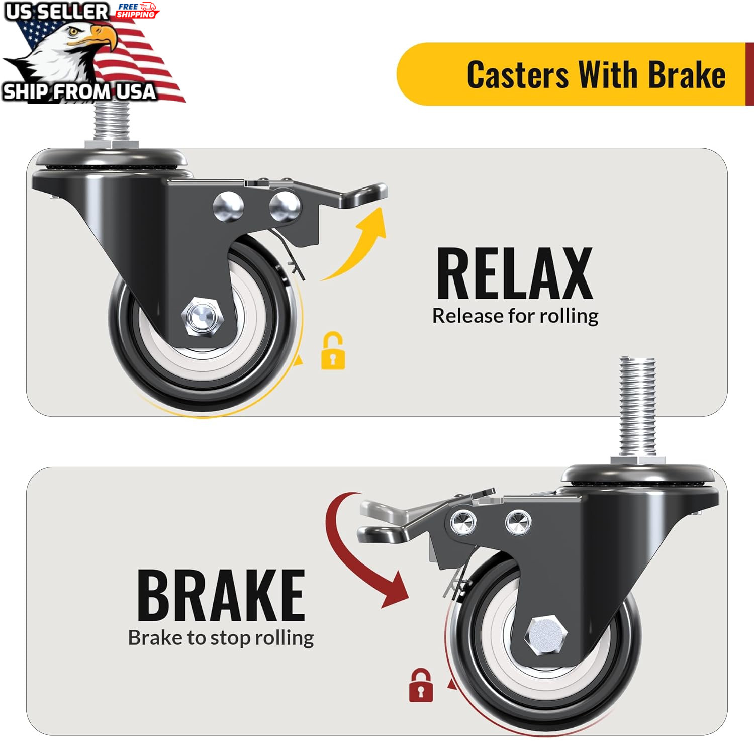 4pcs 2/3/4inch Swivel Threaded Stem Casters wheel 3/8″-16×1 W Brake tot 300lbs
