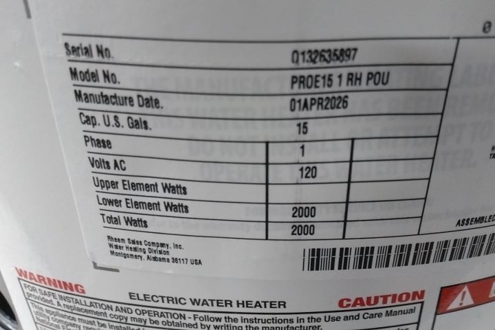 Rheem PROE15 1 RH POU 15 Gal Tank Cap 120VAC 2000W Electric Water Heater