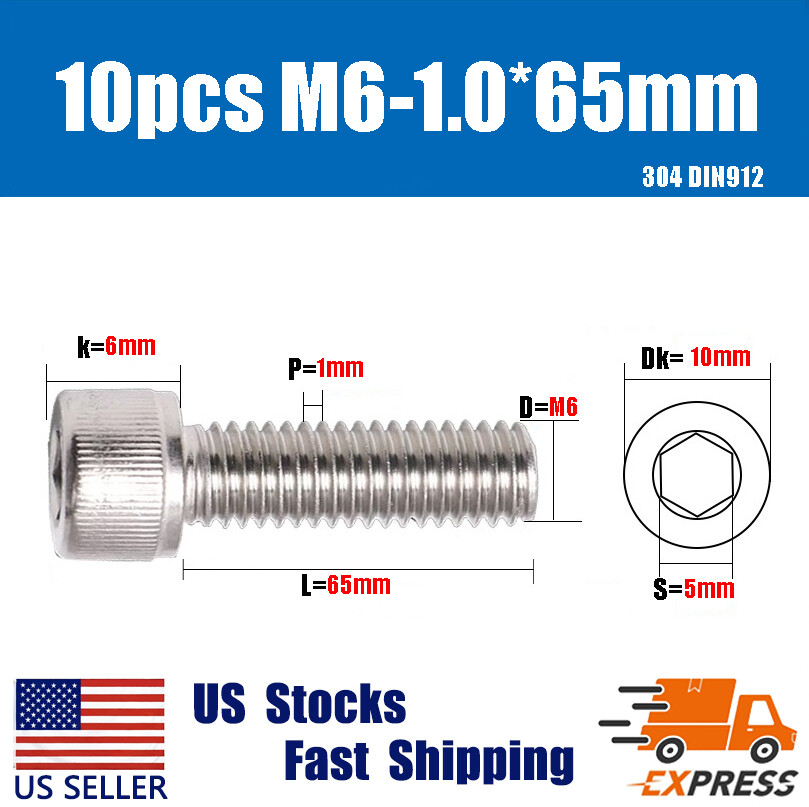 10PCS New M6 X 65mm 304 Stainless Steel Allen Hex Socket Cap Head Screws DIN912