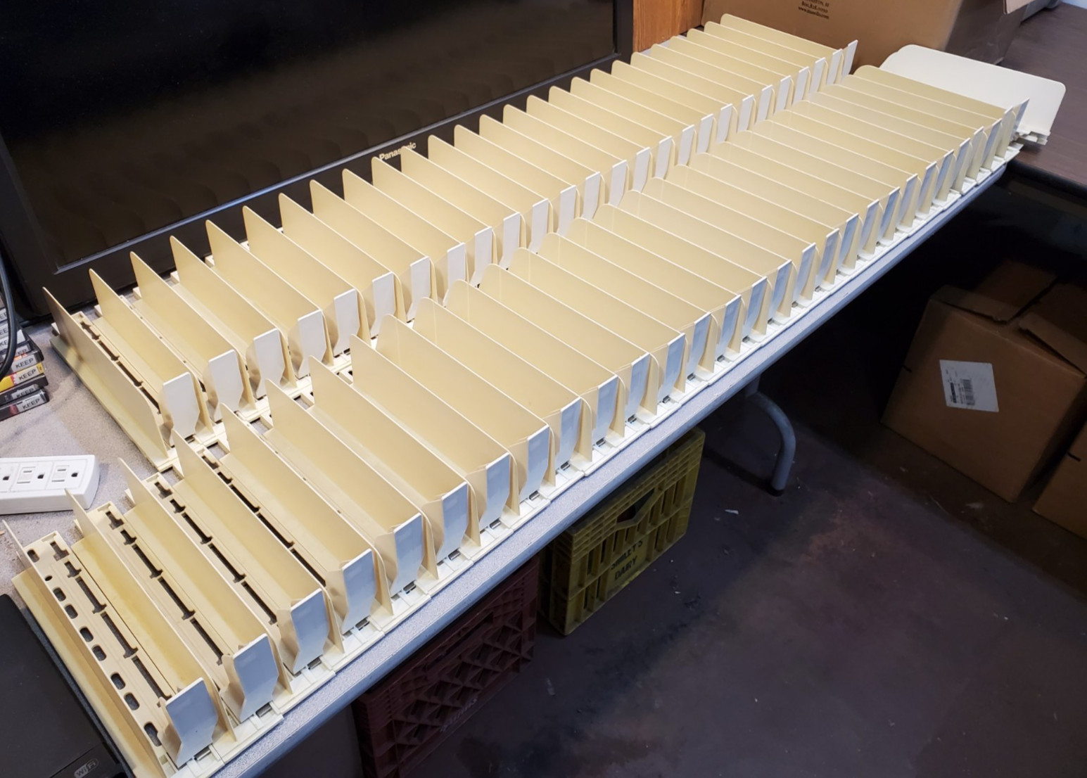 Lot of 55 RTC Profit Pusher 12″ T-Track Automatic Spring-Feed Shelf Units, Beige