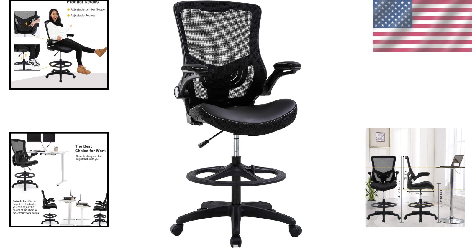 Tall Drafting Office Chair with Back Support & Foot Rest – Mesh and Faux Leather