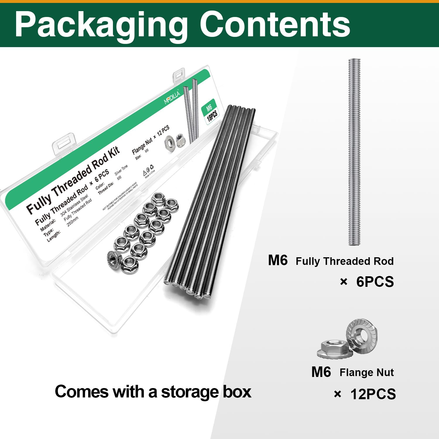 M6-1.0X250Mm Fully Threaded Rod Studs, 304 Stainless Steel Long