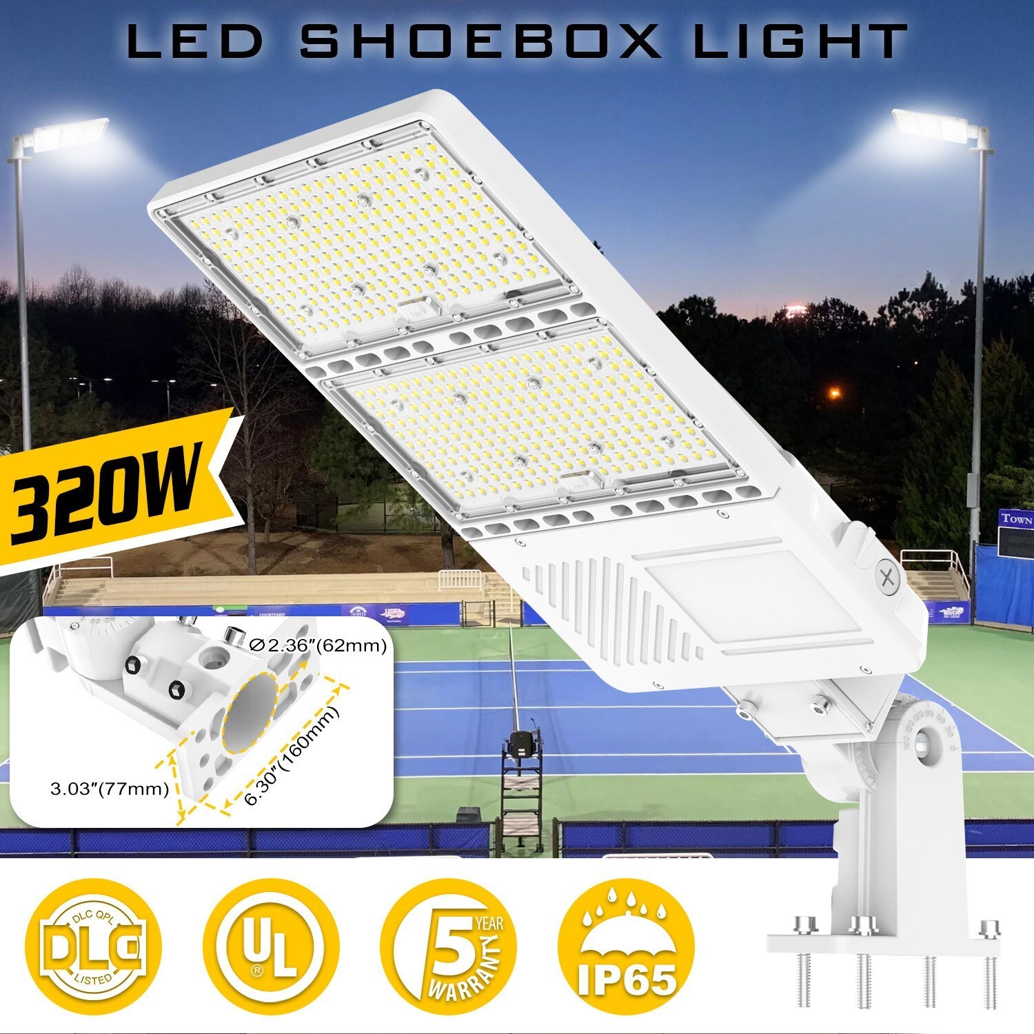 White LED Parking Lot Light 320W Dusk to Dawn Commercial Shoebox Fixture 48000Lm